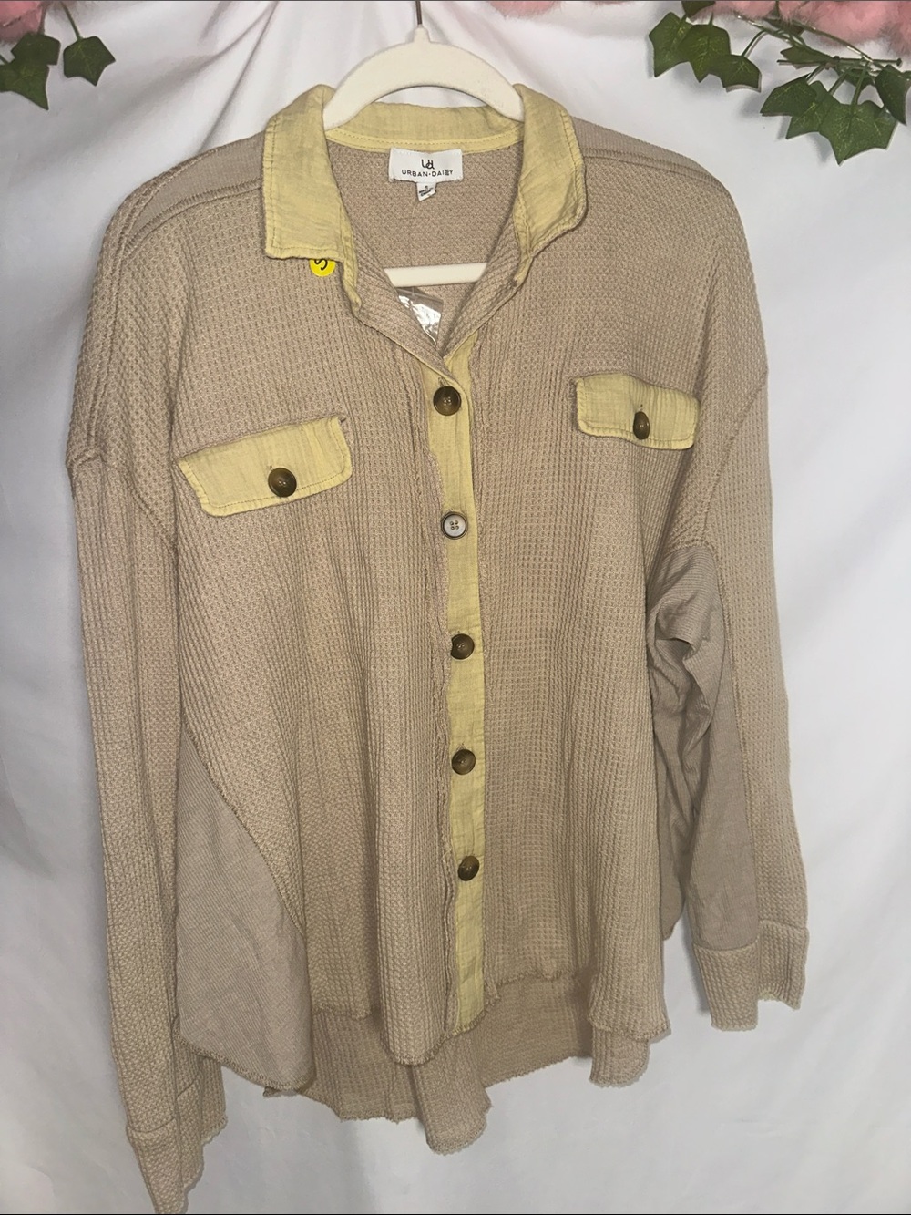 Women's Beige Button-Down Shirt with Yellow Trim